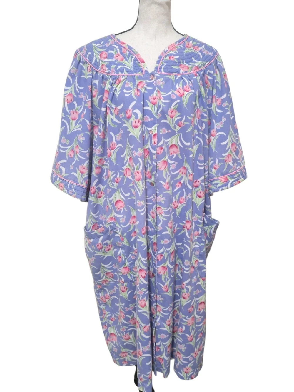Vintage Crowntuft Blue Floral House Coat Robe House Dress Grannycore 2XL Cottage